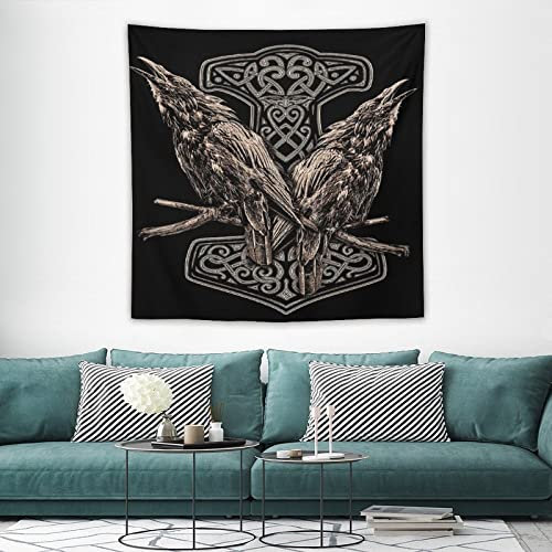 LDZDGD Wikinger Wandteppich, Nordische Mythologie Totem Runen Symbol Tattoo Wandbehang Dekor Wandteppiche für Schlafzimmer Wohnheim Wohnzimmer (Color : Raven A, Size : 150 x 150CM)