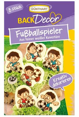 Günthart BackDecor 8 essbare Schoko Fußballer aus weißer Schokolade, Schokoladenaufleger mit Fußballmotiven für Torten und Cupcakes, 1er Pack (18 gr)