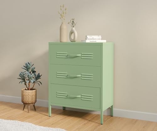 STEELSØN Metallschrank Atria, Kommode mit 3 Schubladen, Sideboard Wohnzimmer grün, Mehrzweckschrank, Schubladenschrank schmal Maße 80x60x38 (HxBxT)