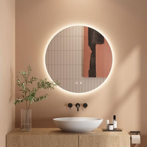 Dripex Badezimmerspiegel Led Badspiegel Rund, Touch-Schalter, Dimmbar, 3 Lichtfarbe Einstellbare Spiegel Bad mit Beleuchtung, Wandspiegel mit Licht, Beschlagfrei 60x60 cm