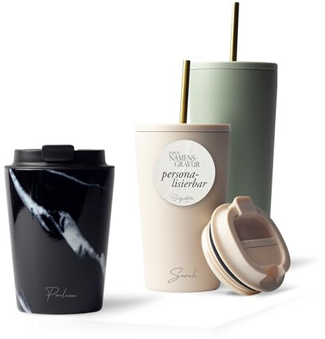 MAMEIDO Thermobecher personalisiert 350ml - Kaffeebecher to go mit Namen aus Edelstahl doppelwandig isoliert, auslaufsicher - Namensgravur als personalisiertes Geschenk (Black Marble, 0,35l)