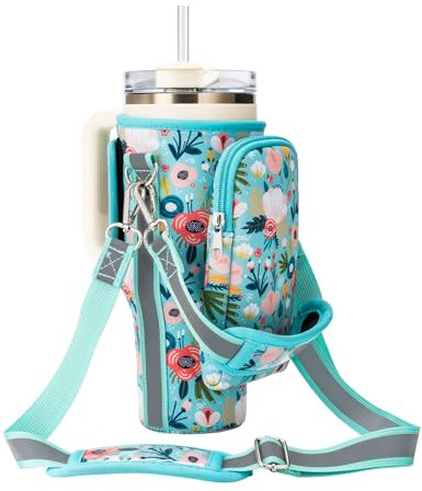 molshine Water Bottle Carrier Bag for Stanley Quencher H2.0 850ml/1.2L,Fluorescent Strips Cup Pouch Holder with Crossbody Strap & Handle & Phone Pocket for Hiking Travelling Camping (Green)