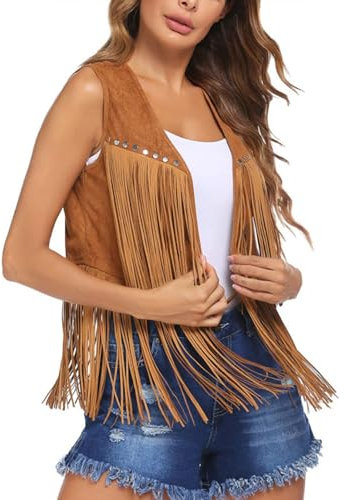 Damen Faux Wildleder Cowboy Ärmellos Weste Cardigan Jacke mit Fransen Weich Cowgirl Weste Kurze Fransenjacken Braun Weste mit Fransen Damen Retro Hippie-Kostüme 70er Fransenweste für Frauen