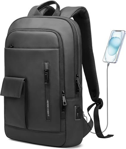 HEROIC KNIGHT Mochila delgada para laptop para hombre, ligera, compacta, resistente al agua, con puerto de carga USB, bolsa de computadora para viajes de negocios, universidad, escuela, oficina