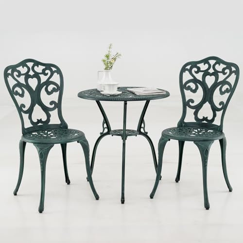 COSTWAY Salon de Jardin 3Pcs en Fonte d’Aluminium, Ensemble Bistro 2 Chaises et 1 Table Ronde Résistant aux Intempéries avec Trou de Parasol, pour Balcon Terasse Jardin (Vert Antique)