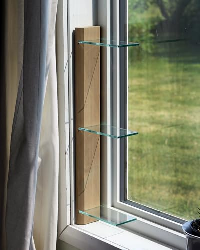 Daniel's Plants 3 Tiered Window Sill Plant Shelf (Real Wood & Glass) | Renter Friendly Window Shelves | Removable Indoor Plant Stand with Hook-and-Loop | Easy Setup | Solid Wood (Prairie Sand)