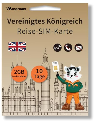 SIM-Karte für Großbritannien (UK) – Prepaid-Datentarife | 2 GB Tageskarte, 10 Tage | Highspeed 4/5G LTE | Keine täglichen Einschränkungen | für Touristen und Geschäftsreisende