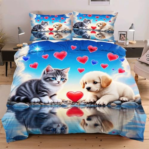 Dozrmey 3D Bettwäsche-Set 135x200 cm Katze und Hund, Bettbezug mit 2 Kissenbezügen 80×80 - Atmungsaktive und hautfreundliche Microfaser-Bettwäsche mit verstecktem Reißverschluss E156