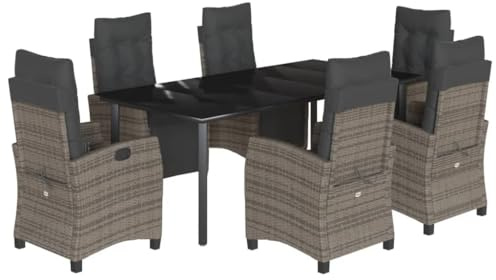 Foknhdi 7tlg Poly Rattan Gartenmöbel Set, 200x100 cm Glas-Tisch, 6 graue Sessel mit Kissen, verstellbare Lehne, Terrasse