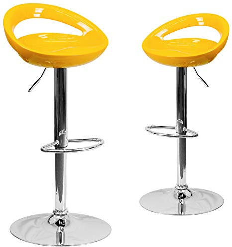 Flash Furniture Wilson Barhocker aus Kunststoff, höhenverstellbar, mit Abgerundeter Aussparung auf der Rückseite und verchromtem Sockel, Gelb, 2 Stück