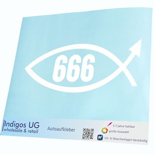 Indigos UG Auto Aufkleber Auto - 150x60 mm - 666 Fisch - weiß - konturgeschnittener Autoaufkleber ohne Hintergrund - selbstklebender Sticker für Auto, Fenster, Bus oder LKW - UV-beständig & wetterfest