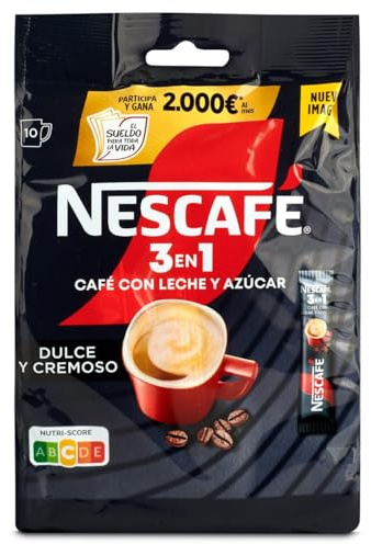 Nescafe 3 en 1, café soluble natural con leche y azúcar, Bolsa 160g con 10 sobres