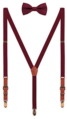 WANYING 2cm Hosenträger Fliege Sets | Retro PU Leder 3 Messingartige Clips Y Form Hosenträger Elastisch Verstellbar für Körpergröße 140-190cm - Bordeaux Rot