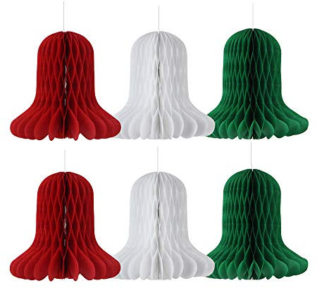 EASY JOY Christmas Bells Retro Christmas Decorations Hanging Paper Honeycomb Balls Xmas Party Favor Christmas Tree Ornaments Home Decoration Red White Green, (Bell)