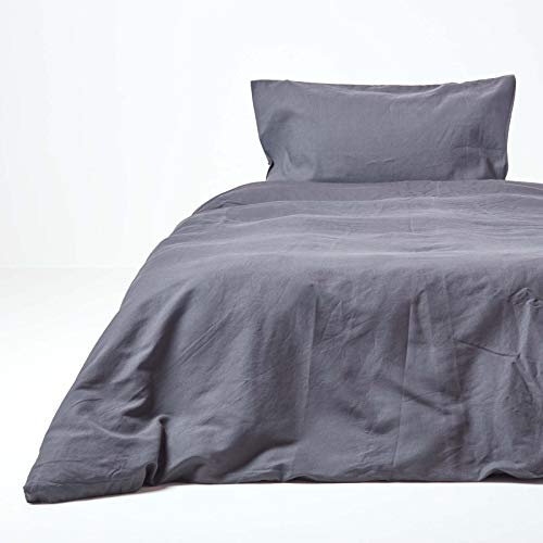 HOMESCAPES Luxury Soft Linen Duvet Cover Set, Dark Grey, Single (135 x 200 cm), 2 Count, 1 Pillowcase, 60% Linen, 40% Cotton