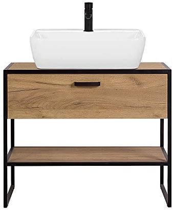 Lomadox Industrial Design Waschtischunterschrank 90cm in Eiche mit schwarz, mit Keramik Aufsatzbecken