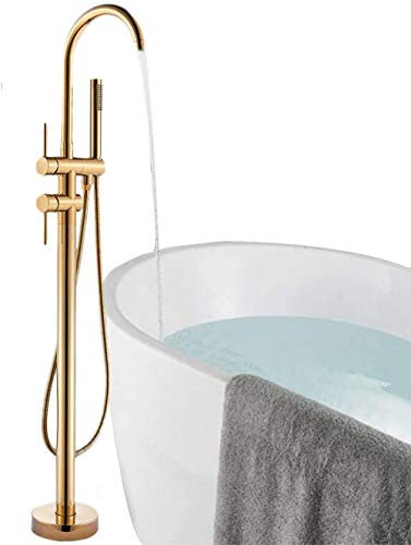 Huin Baignoire au sol Salle de bain Baignoire autoportante Mitigeur Mitigeur de douche à main ABS Bec de remplissage à 360 ° avec bain Mitigeur froid et chaud Robinets de douche-Or
