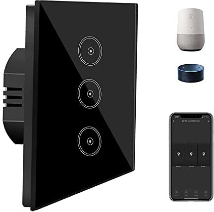 Alexa Smart Lichtschalter, UseeLink WLAN Gehärtetes Glas Touchscreen Schalter, 3 Gang 2 Way, Kompatibel mit Alexa/Google Home, Fernbedienung, Timer, Neutralleiter Erforderlich, Schwarz (1 Pack)