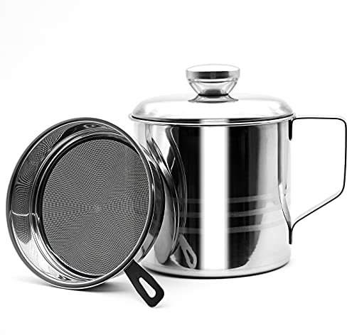 1.2 L Oil Strainer Pot Grease Can with Filter, Stainless Steel Bacon Oil Storage Can Container Oil Storage Pot with Mesh Strainer - Cooking Oil Can for Kitchen Fat Storage (Silver)