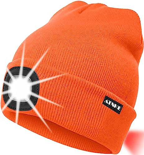 ATNKE 8LED beleuchtete Strickmütze, wiederaufladbare USB-Scheinwerferkappe mit extrem Heller, wasserdichter Lampe und Blinkender Alarm Rotes Rücklicht Multi-Color/Bright Orange