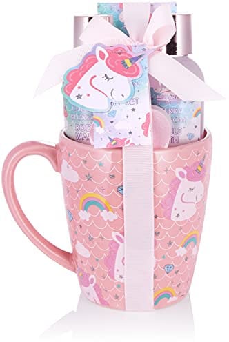 BRUBAKER Cosmetics 5-tlg. Einhorn Bade- und Dusch Set Cherry Blossom - Geschenkset mit Kirschblüten Duft in XXL Einhorn Becher