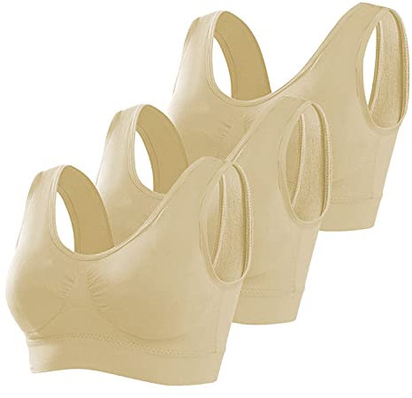 Memoryee Sport BH Damen Große Brüste Starker Halt Push Up Ohne Bügel 3er Pack Set Gepolstert Joggen Yoga Laufen Reiten Bra Crop Top Beige*3 6XL