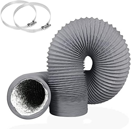 4 Inch 5M Tumble Dryer Vent Hose, Grey PVC Lightproof Exhaust Air Hose for Extractor Fan Filter and Grow Tent, 2 Clamps Include