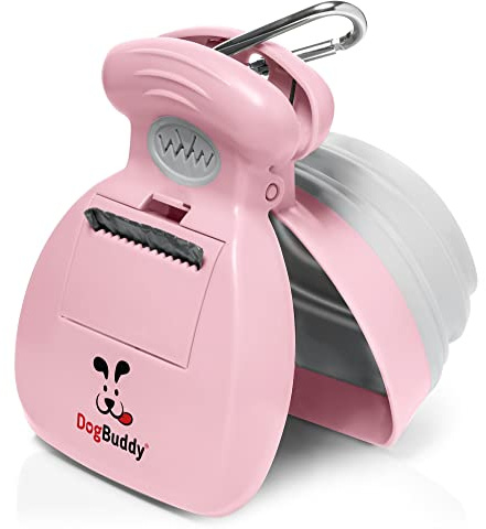 DogBuddy - Recogedor portátil para excrementos de Perros pequeños y Grandes, Pala con Accesorio para Bolsa, Pinza para Correa y Bolsas de Basura Incluidas, Mediano, Rosa
