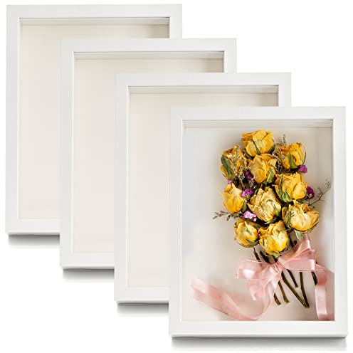 Hacaroa Pack of 4 Shadow Box Frame, 20 x 15 cm, Wooden Picture Frame, Storage Display Case for Bouquets, Photos, Medals, Wall, Table Top, White