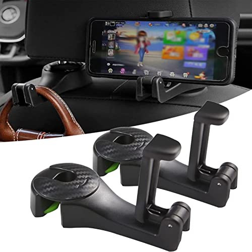 NEW 2 in 1 Car Headrest Hidden Hook, Universal Multifunctional Car Vehicle Headrest Hook, 2 in 1 car seat hooks for purses and bags with phone holder (2pcs Black)