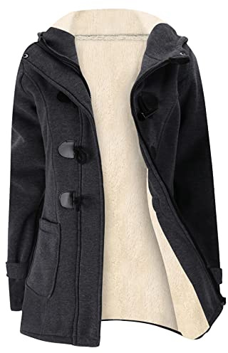 Gihuo Women's Sherpa Lined Toggle Duffle Coat Fleece Hooded Winter Warm Jacket Sweatshirt(DarkGrey01-XL)