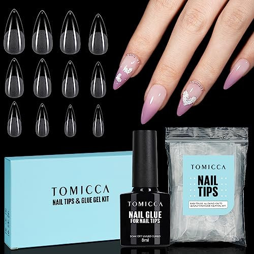 TOMICCA Künstliche Nägel Nageltips für Gel Nägel-Stiletto Long Nageltips mit Nagelkleber Set, 120 Stk Soft Gel Full Cover Nageltips, Professionelle Salon Qualität - 12 Größen