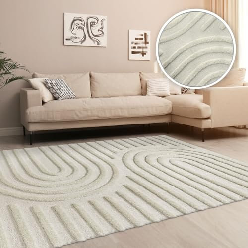 TT Home Wohnzimmer Teppich Hochflor Langflor Schlafzimmer Boho Design 3D Design Skandi Design Modern Unifarben, Farbe:Creme, Größe:230x330 cm