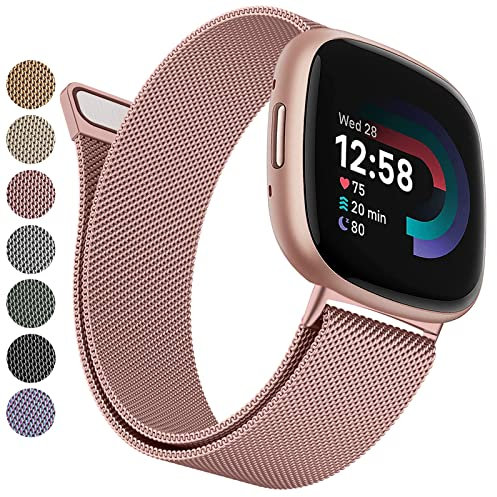 Fitbit Versa 3/4/Sense/Sense 2 Compatible Mesh Wristband - Breathable Stainless Steel Metal Strap (Rose Pink, Small) for Women & Men
