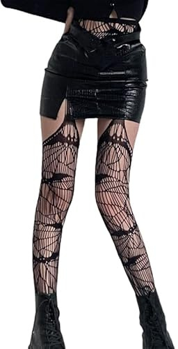 HANSAMU Halloween-Spinnennetz-Strümpfe, Damen, Netzstrumpfhose, Fledermaus, Spinnennetz, Oberschenkelhohe Strümpfe, gestreift, offener Schritt, Schwarz, M