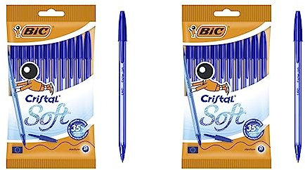 BIC Cristal Bolígrafos, Soft, Azul, Óptimo para material escolar,Punta Media (1,2mm), Material Oficina y Papelaria, Blíster de 10 Bolis (Paquete de 2)