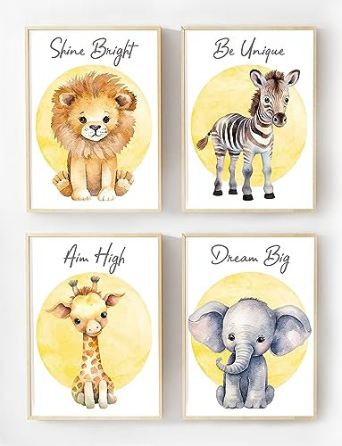 [UNFRAMED] Set of 4 Safari Nursery Bedroom Accessories and Perfect Jungle Bedroom Accessories with Animal Nursery Prints and Baby Animal Prints for Nursery, Wall Art and Safari Decoration (A4)