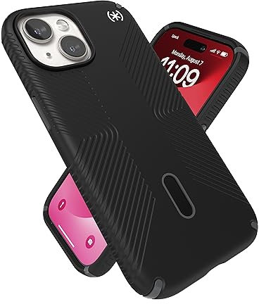 Speck iPhone 15 Hülle – ClickLock rutschfeste Interlock, MagSafe kompatibel, Fallschutzgriff – für iPhone 15, iPhone 14, iPhone 13–6,1 Zoll Handyhülle – Presidio2 Grip Schwarz/Schiefergrau/Weiß