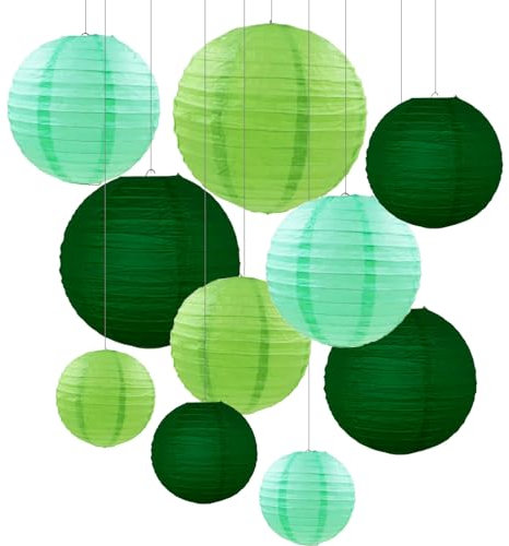 ZYOOO 10 Stück Grün Weiß Papierlaterne Lampion rund Lampenschirm (Set 3 Farben à 25cm, 20cm,15cm,10cm) Lampions Hochzeit,Deko Gartenparty,Bride to Be Deko