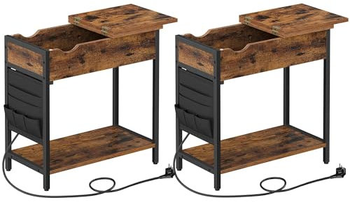 VASAGLE Beistelltisch, 2er Set, Nachttisch mit Steckdose, schmal, mit USB-Anschlüssen, Tasche, für Wohnzimmer, Schlafzimmer, vintagebraun-schwarz LCT647B01