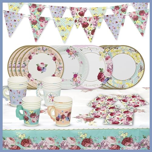 Talking Tables Juego De Vajilla Floral Decoraciones Vintage Para Fiesta De Té De La Tarde Para 16 Invitados Platos Y Servilletas De Papel Tazas De Té Banderines Para Cumpleaños Y Día De La Madre