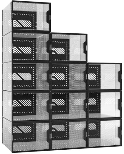 MYHMCT Schuhboxen, 12er Pack Schuhboxen Stapelbar, Schuhorganizer Schuhaufbewahrung, Schuhbox mit Magnettür, Schuhkarton mit Deckel für Schuhe bis Größe 46, Transparenter-schwarz