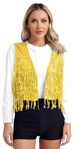 iiniim Damen Pailletten Weste Glitzer Ärmellos Anzugweste Fransen Jacke Mantel Quasten Tanzjacke Karneval Fasching Tanzkostüm A Gold M