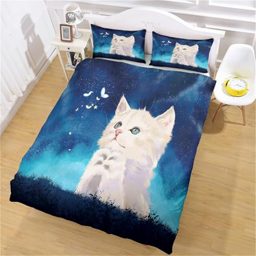 Katzen Bettwäsche 135x200 Kinder Bettwäsche Katze KinderBettwäsche katzenmotiv Mädchen Junge Bettwäsche Set + 1 Kissenbezüge 80x80cm Karikatur Tier, Atmungsaktiv & Waschbar 60°C