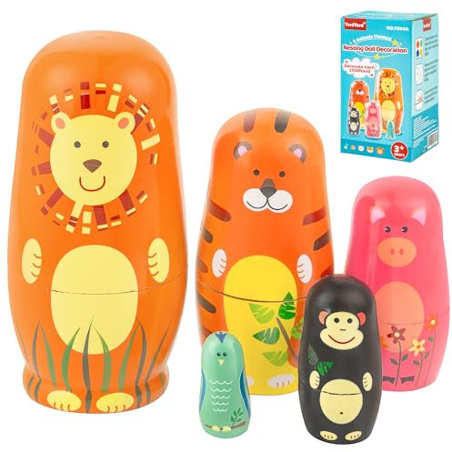 YardYard Russische Nistpuppen, Tiere Matroschkas Nistpuppen – niedliches Tier-Muster Löwe Tiger Schwein AFFE Birdie Matroschka, Spielzeug für Kinder Geschenk YE04A