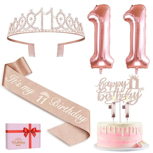 11. Geburtstag Mädchen Deko, 11. Geburtstag Krone und Schärpe, Happy Birthday Tortendeko Kerzen, Luftballons Rosegold, Geschenke für Mädchen 11 Jahre