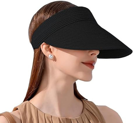 Inshere Damen Sonnenvisier Hut Stroh Sonnenvisiere für Frauen Sommer Faltbare Pferdeschwanz Strandhüte für Frauen Reisen UPF 50+ Schwarz