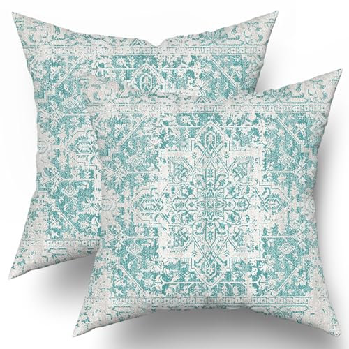 Kissenbezüge, Bohemian-Teppich, Vintage-Kissenbezüge, Boho-Stil, Landhausstil, Heimdekoration, für Sofa, Couch, Veranda, Outdoor, 50,8 x 50,8 cm, Aqua, Türkis, Grau, 2 Stück