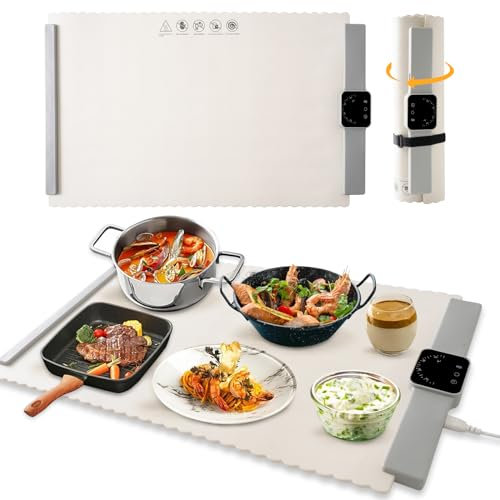 Asmako Elektrisches Warmhalte-Tablett mit 5 Temperatureinstellungen, rollbar, tragbar, Silikon, Lebensmittelwärmer, Platte, schnelle Vollflächenheizung, automatische Abschaltung, Lebensmittelwärmer