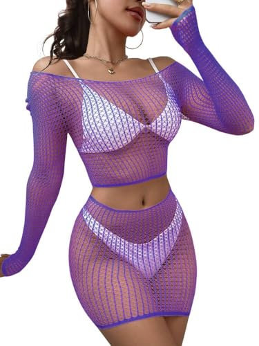 Buitifo Lingerie pour Femme Maille Mini Robe Sexy Nuisette Babydoll de pêche Corset sous-Vêtement(Violet,Taille Unique)